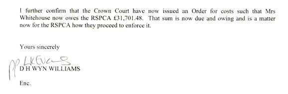 Costs owed by Mrs V. Whitehouse to the RSPCA