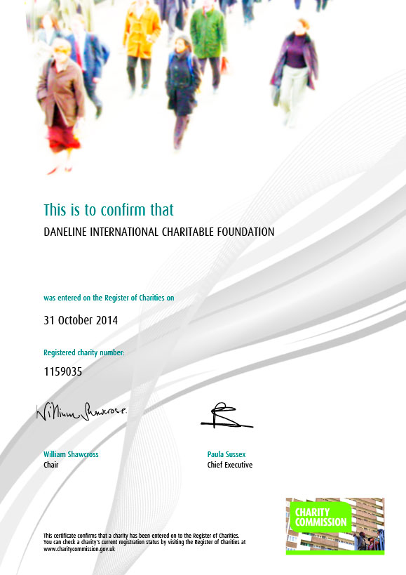 Daneline International Charitable Foundation registered charity certificate